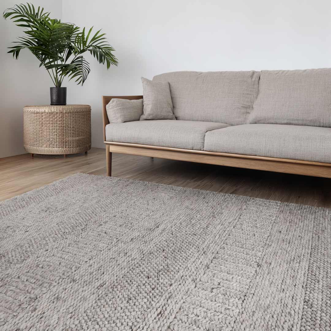 Dakota Plateau Flint handwoven New Zealand wool rug with textured weave available at Rugs N Timber Belrose showroom