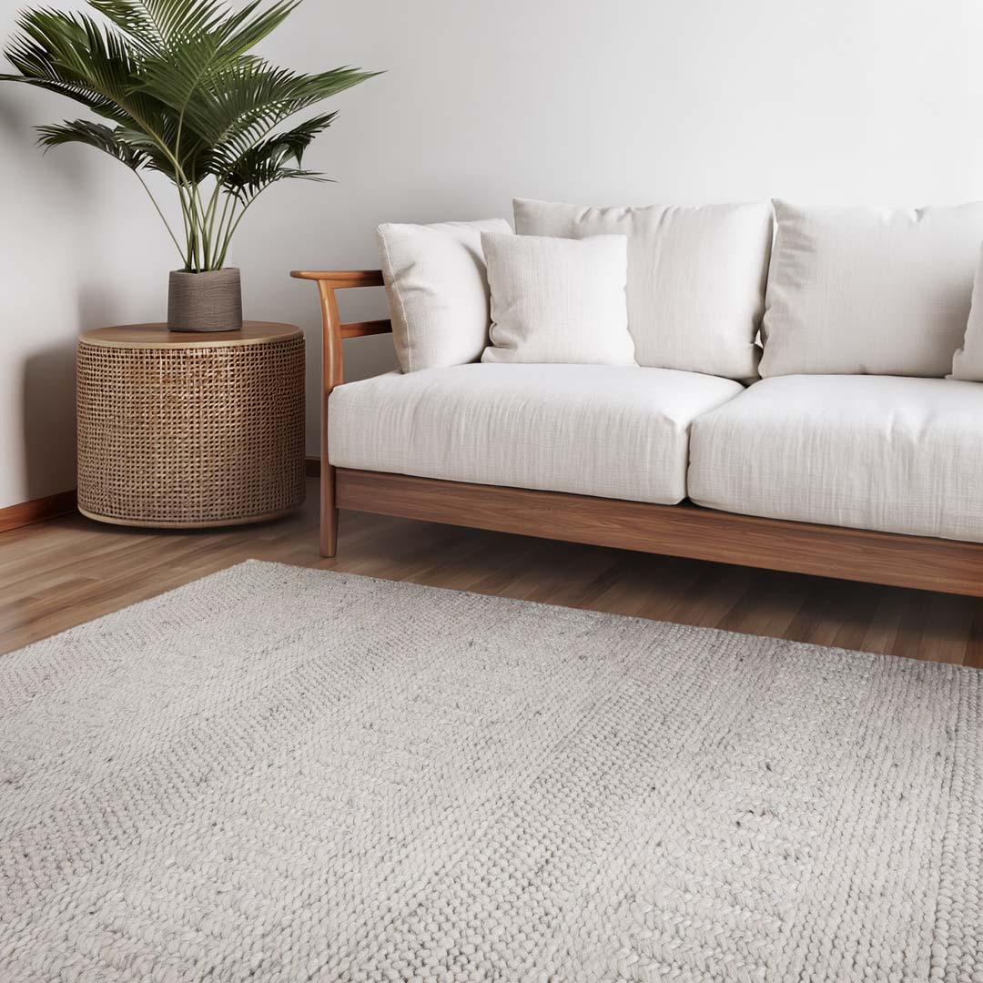 Dakota Plateau Ivory handwoven New Zealand wool rug with textured weave available at Rugs N Timber Belrose showroom