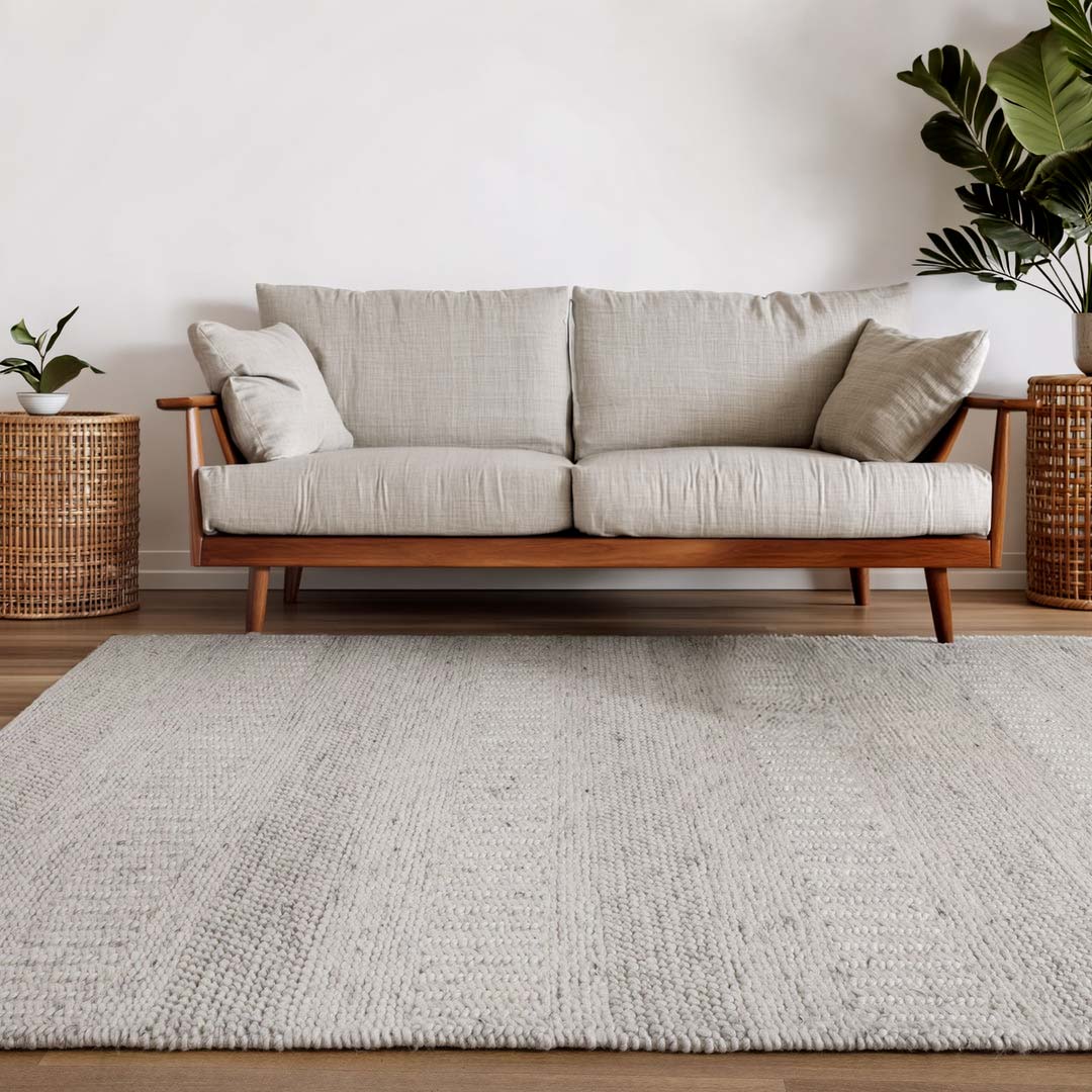 Dakota Plateau Ivory handwoven New Zealand wool rug with textured weave available at Rugs N Timber Belrose showroom
