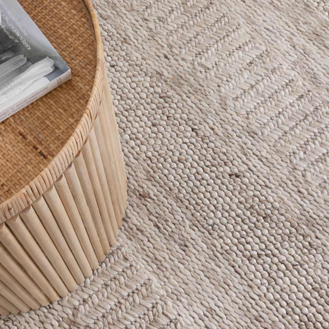 Dakota Plateau Wheat handwoven New Zealand wool rug with textured weave available at Rugs N Timber Belrose showroom