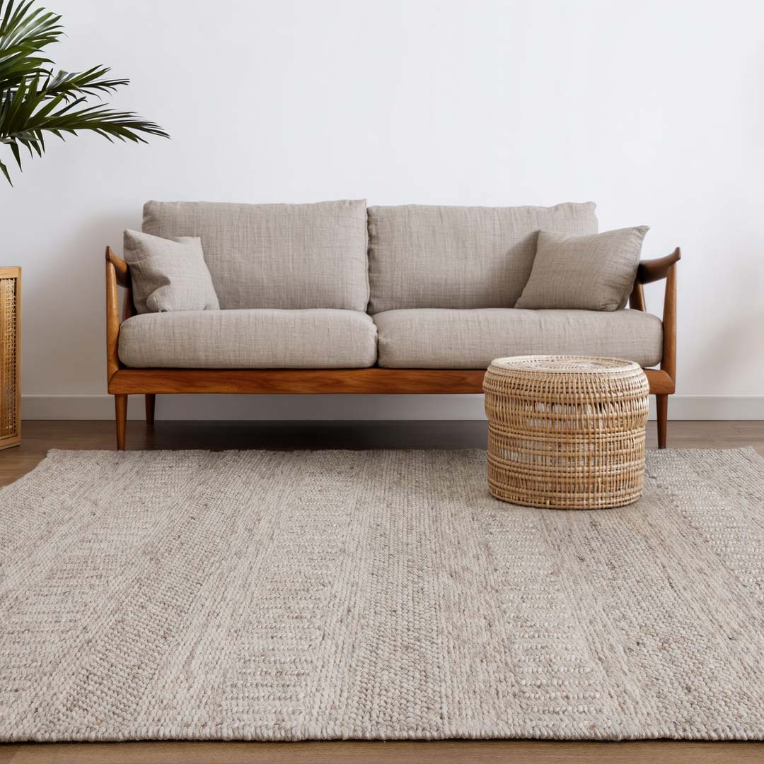 Dakota Plateau Wheat handwoven New Zealand wool rug with textured weave available at Rugs N Timber Belrose showroom