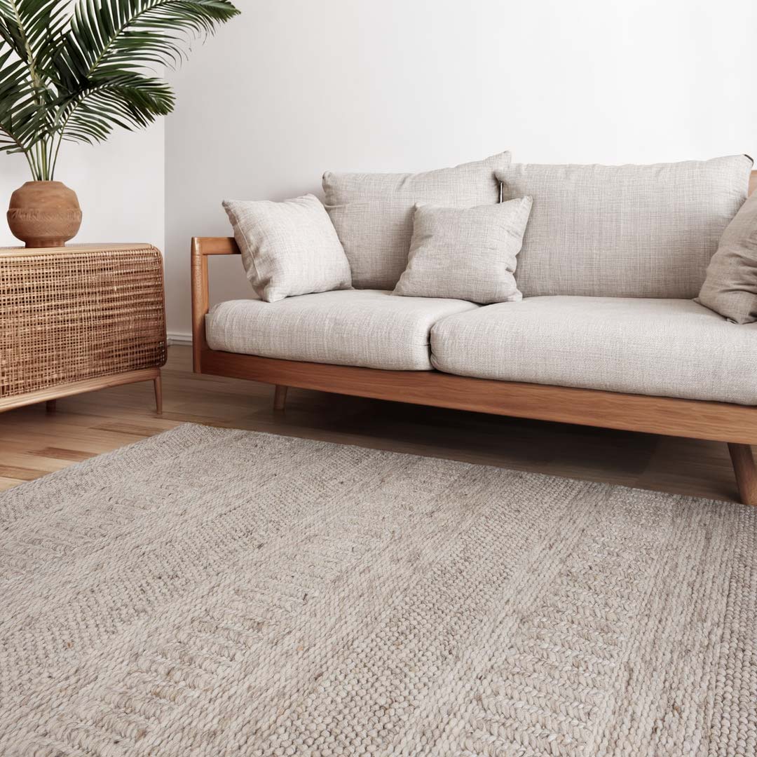 Dakota Plateau Wheat handwoven New Zealand wool rug with textured weave available at Rugs N Timber Belrose showroom