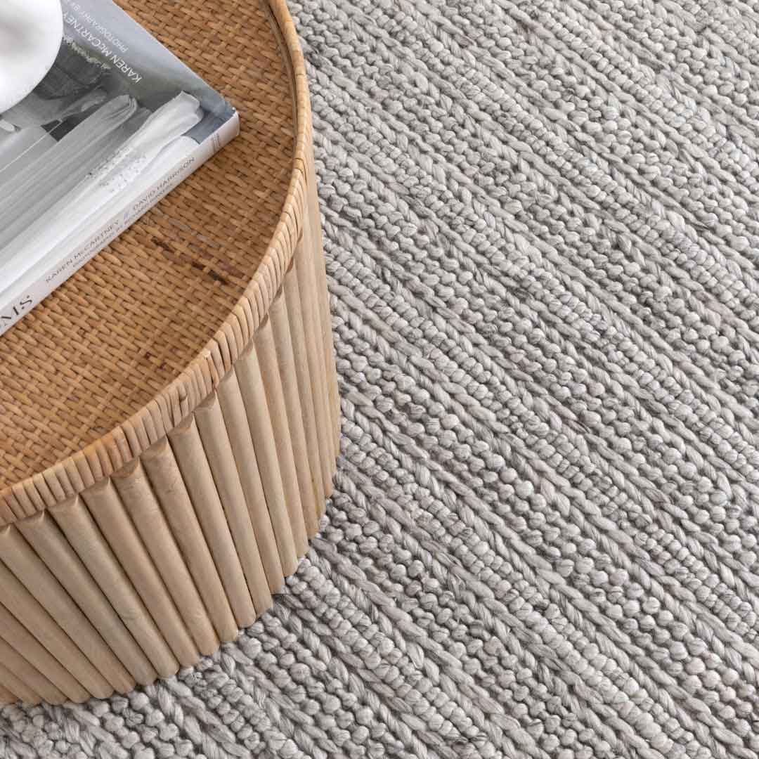 Dakota Ridge Flint handwoven New Zealand wool rug with textured weave available at Rugs N Timber Belrose showroom