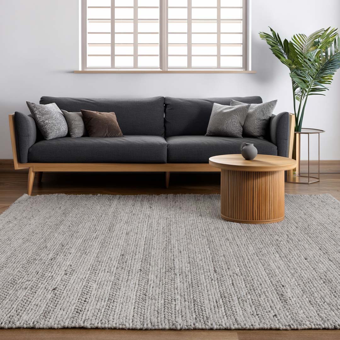 Dakota Ridge Flint handwoven New Zealand wool rug with textured weave available at Rugs N Timber Belrose showroom