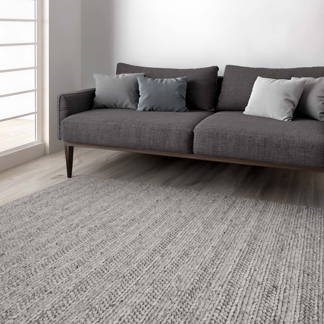 Dakota Ridge Flint handwoven New Zealand wool rug with textured weave available at Rugs N Timber Belrose showroom