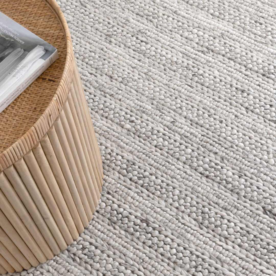 Dakota Ridge Ivory handwoven New Zealand wool rug with textured weave available at Rugs N Timber Belrose showroom