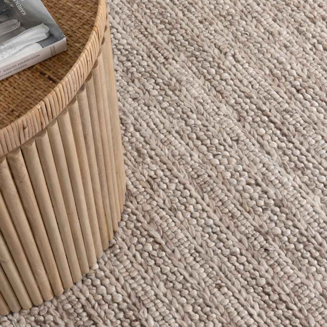 Dakota Ridge Wheat handwoven New Zealand wool rug with textured weave available at Rugs N Timber Belrose showroom