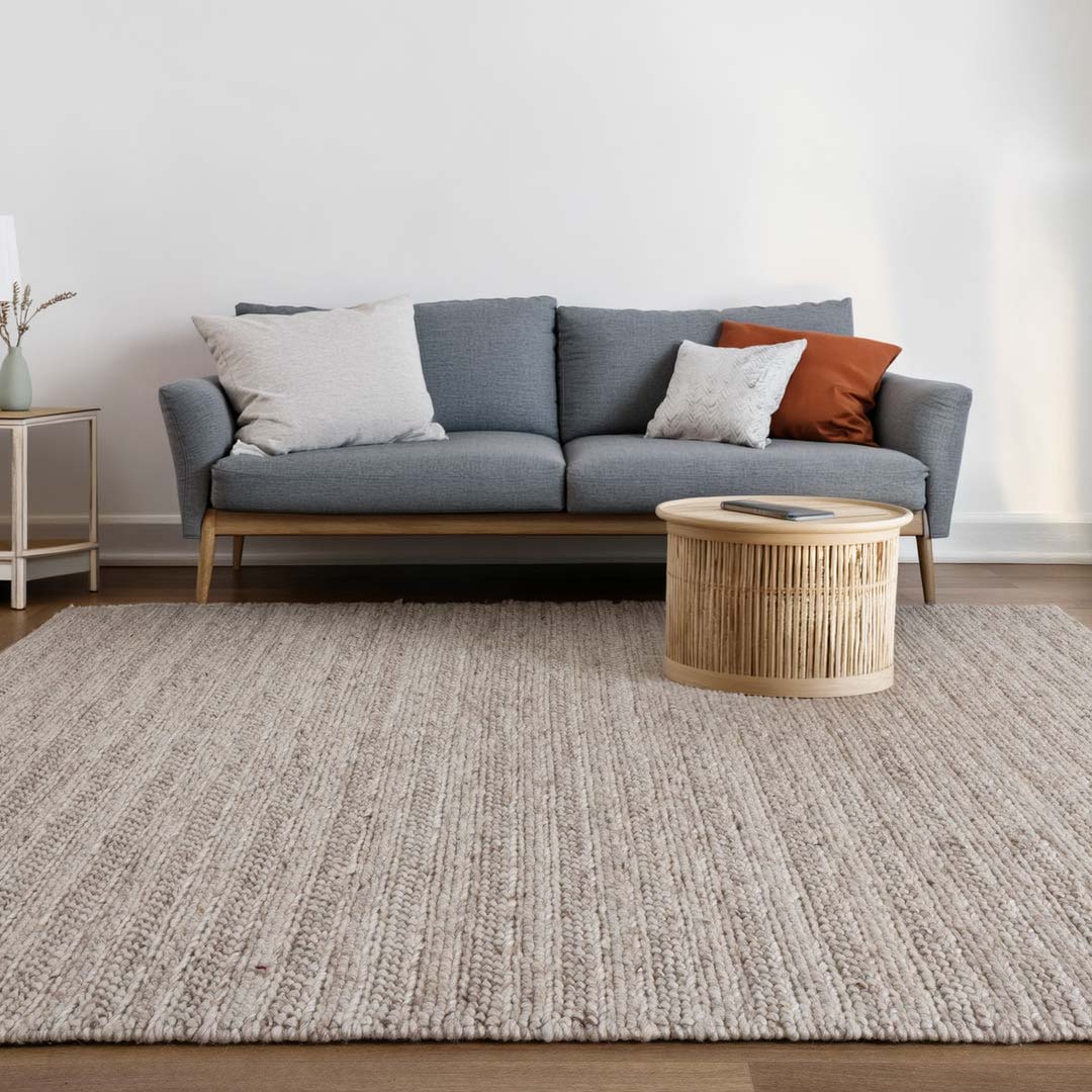 Dakota Ridge Wheat handwoven New Zealand wool rug with textured weave available at Rugs N Timber Belrose showroom