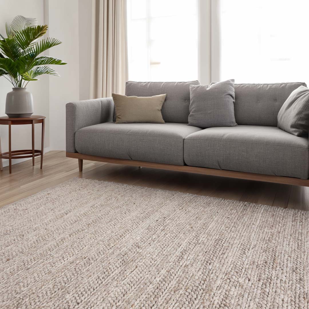Dakota Ridge Wheat handwoven New Zealand wool rug with textured weave available at Rugs N Timber Belrose showroom
