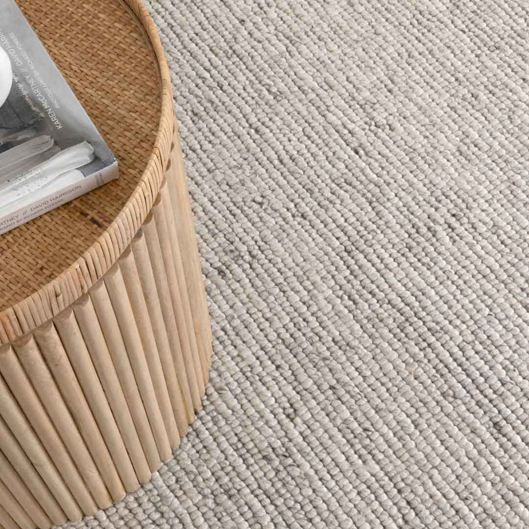 Dakota Valley Ivory handwoven New Zealand wool rug with textured weave available at Rugs N Timber Belrose showroom