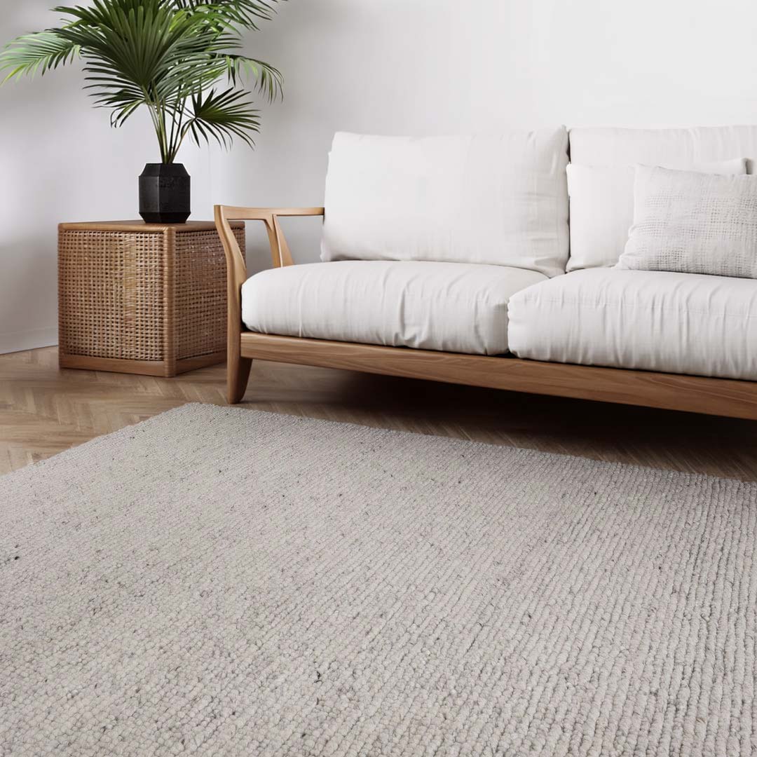 Dakota Valley Ivory handwoven New Zealand wool rug with textured weave available at Rugs N Timber Belrose showroom