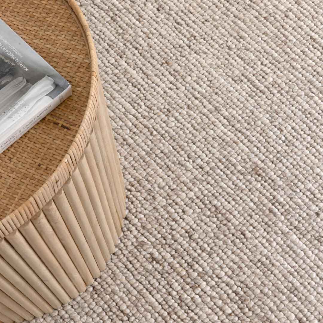 Dakota Ridge Wheat handwoven New Zealand wool rug with textured weave available at Rugs N Timber Belrose showroom