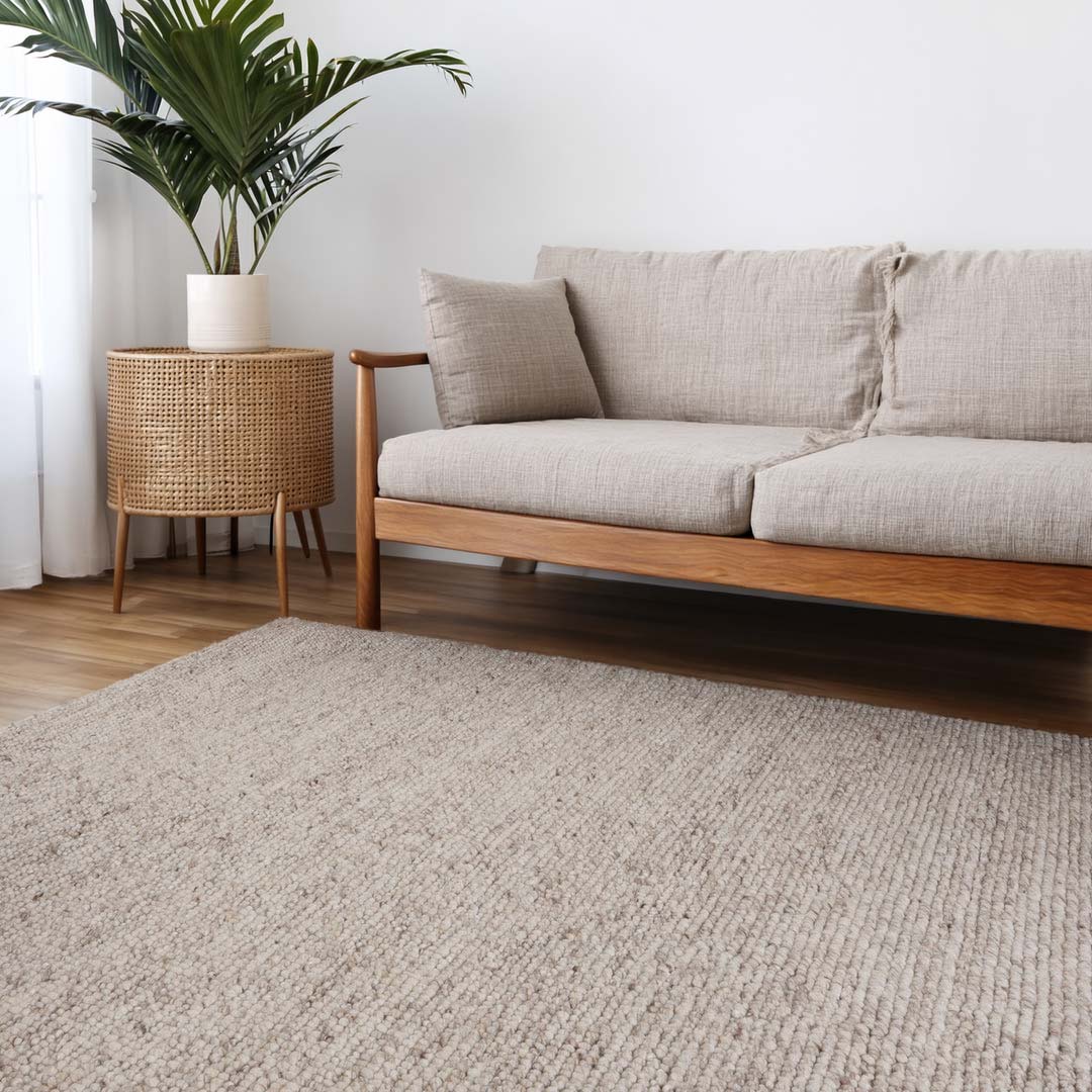 Dakota Ridge Wheat handwoven New Zealand wool rug with textured weave available at Rugs N Timber Belrose showroom