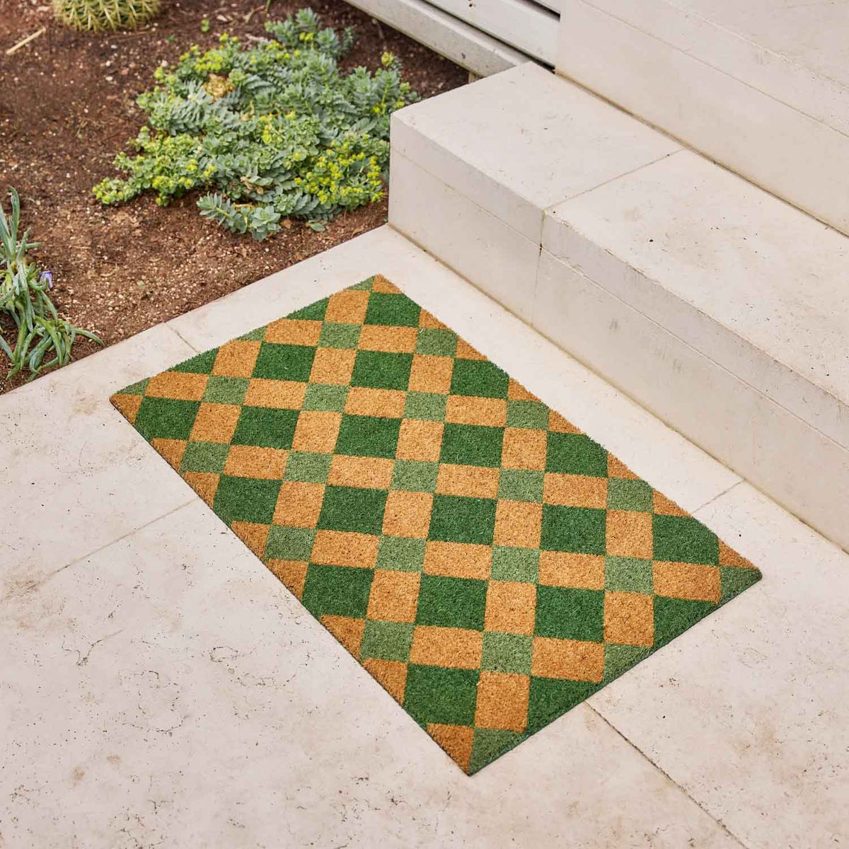 The Diamond green check PVC Coir doormat with geometric pattern. Available at Rugs N Timber Belrose
