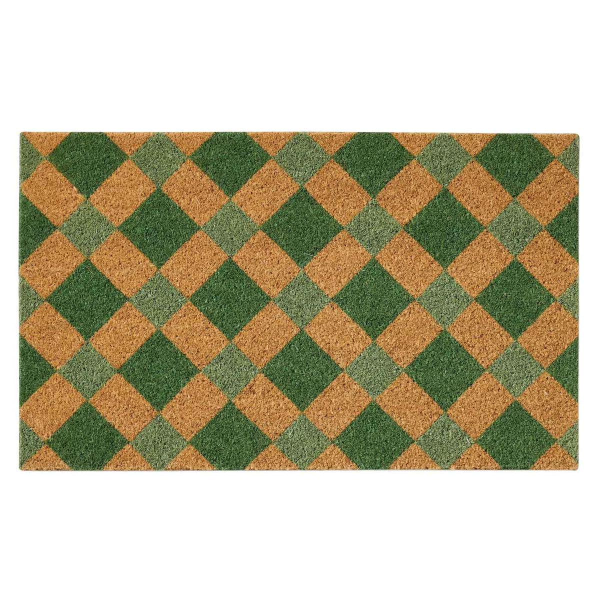 The Diamond green check PVC Coir doormat with geometric pattern. Available at Rugs N Timber Belrose