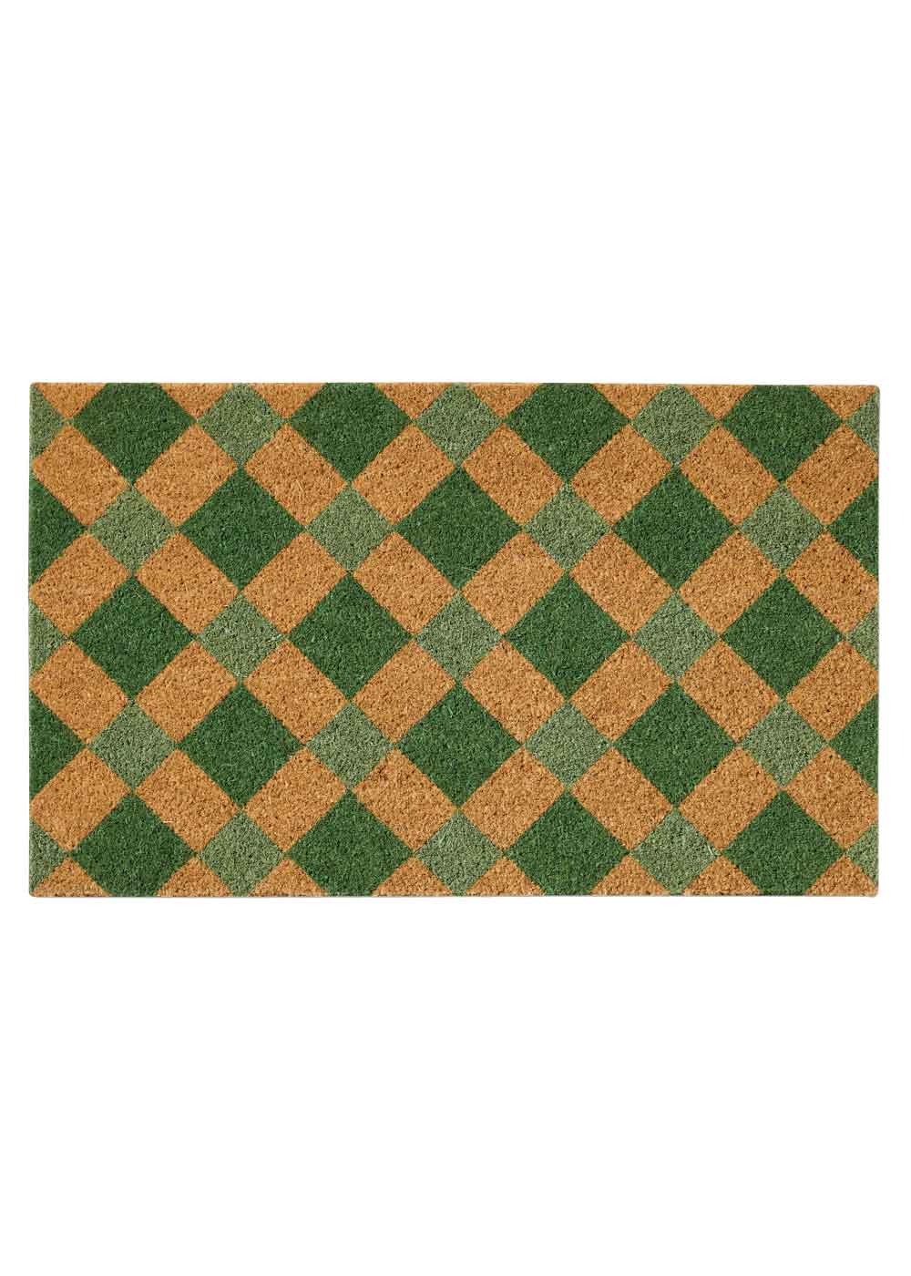 The Diamond green check PVC Coir doormat with geometric pattern. Available at Rugs N Timber Belrose
