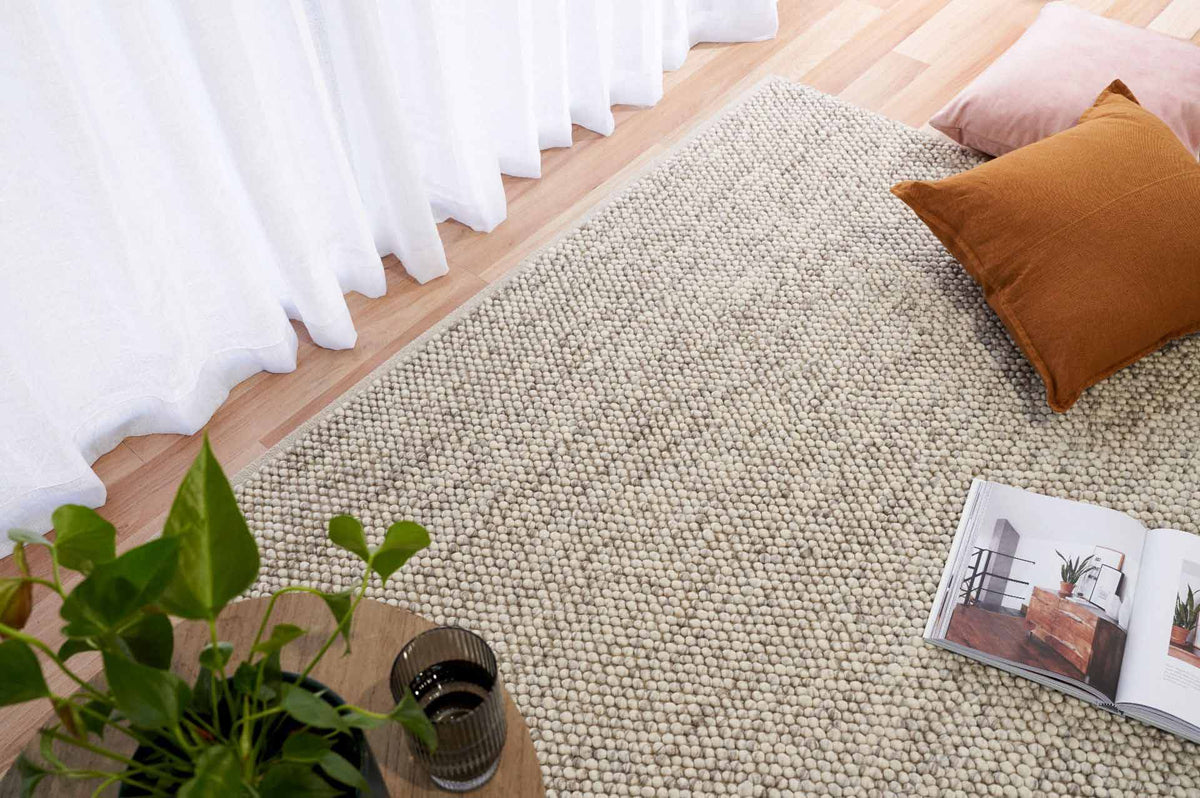 Eugene Fog Rug – light grey wool blend loop-pile rug available at Rugs N Timber Belrose showroom