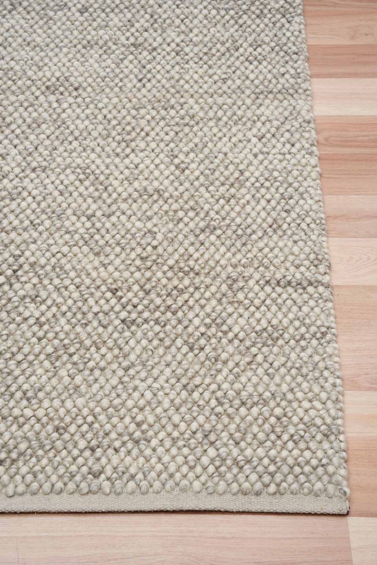 Eugene Fog Rug – light grey wool blend loop-pile rug available at Rugs N Timber Belrose showroom