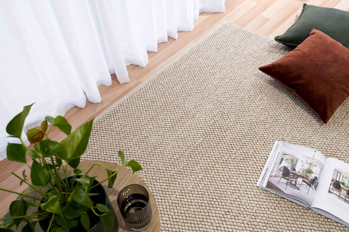 Eugene Sandstone Rug – natural wool blend loop-pile rug available at Rugs N Timber Belrose showroom