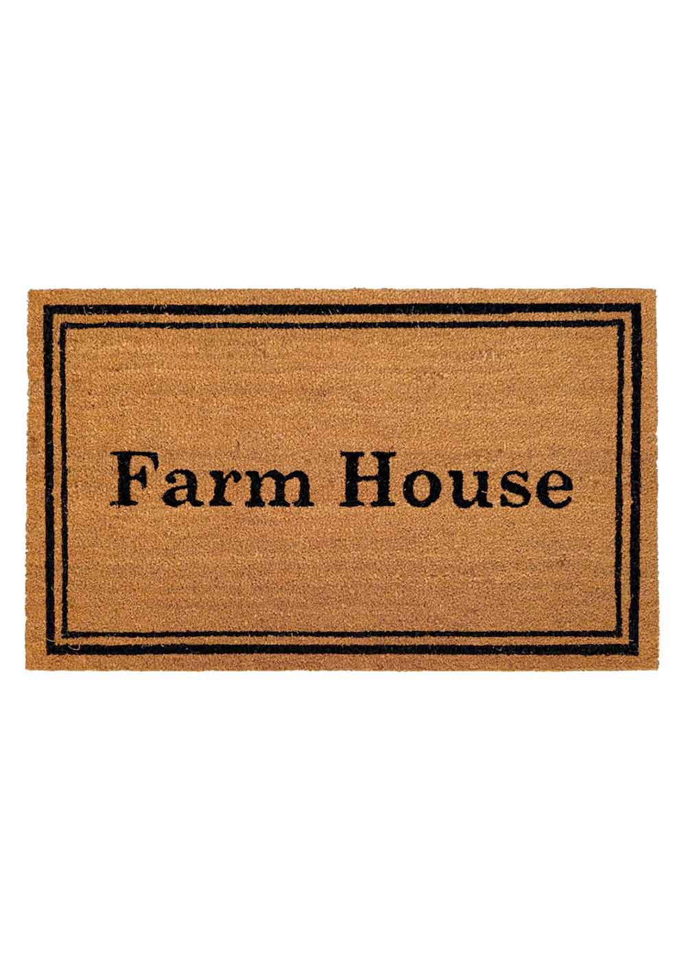 PVC backed coir doormat with “Farm House” in black text, made from natural coconut fibers. Ideal for front doors and entryways. Rugs N Timber Belrose