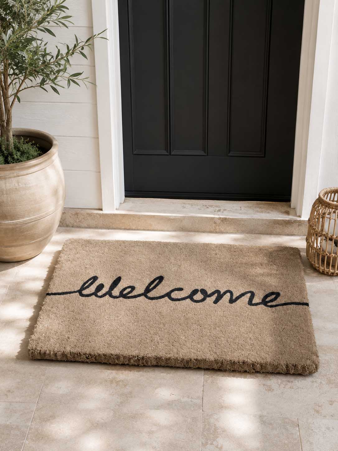 FM2 Welcome thick natural coir doormat with black script. Available at Rugs N Timber Belrose