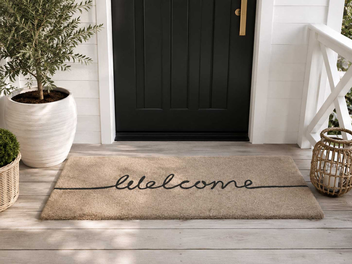 FM2 wide Welcome grey thick natural coir doormat for double doors. Available at Rugs N Timber Belrose.
