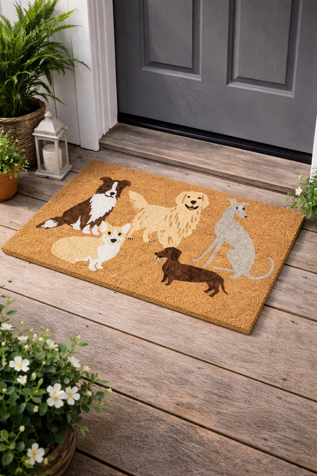 Our Furry Friends PVC Coir doormat illustrating 5 cute dogs. Available at Rugs N Timber Belrose