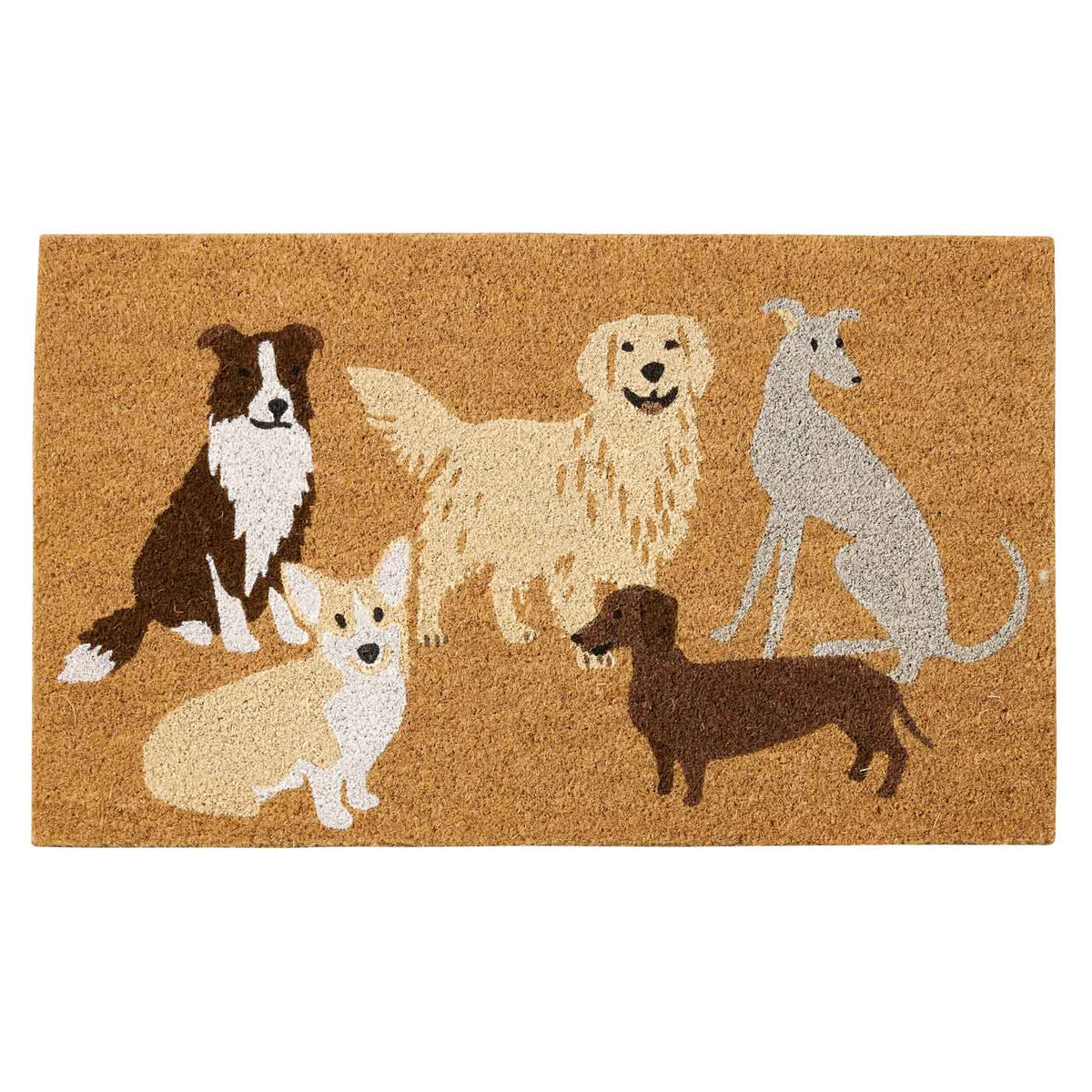 Our Furry Friends PVC Coir doormat illustrating 5 cute dogs. Available at Rugs N Timber Belrose