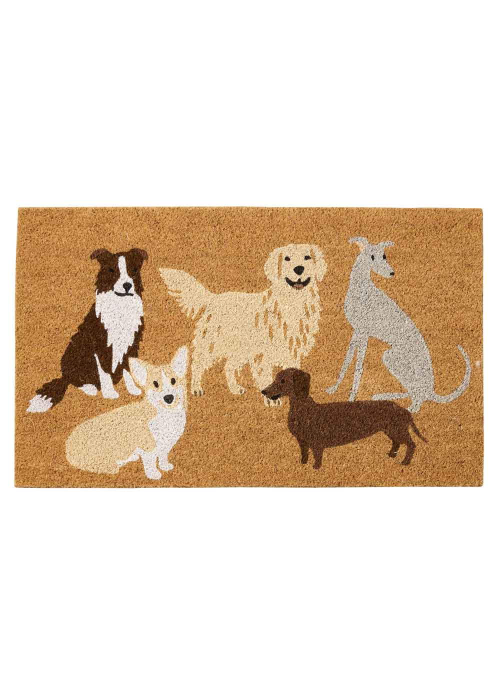 Our Furry Friends PVC Coir doormat illustrating 5 cute dogs. Available at Rugs N Timber Belrose