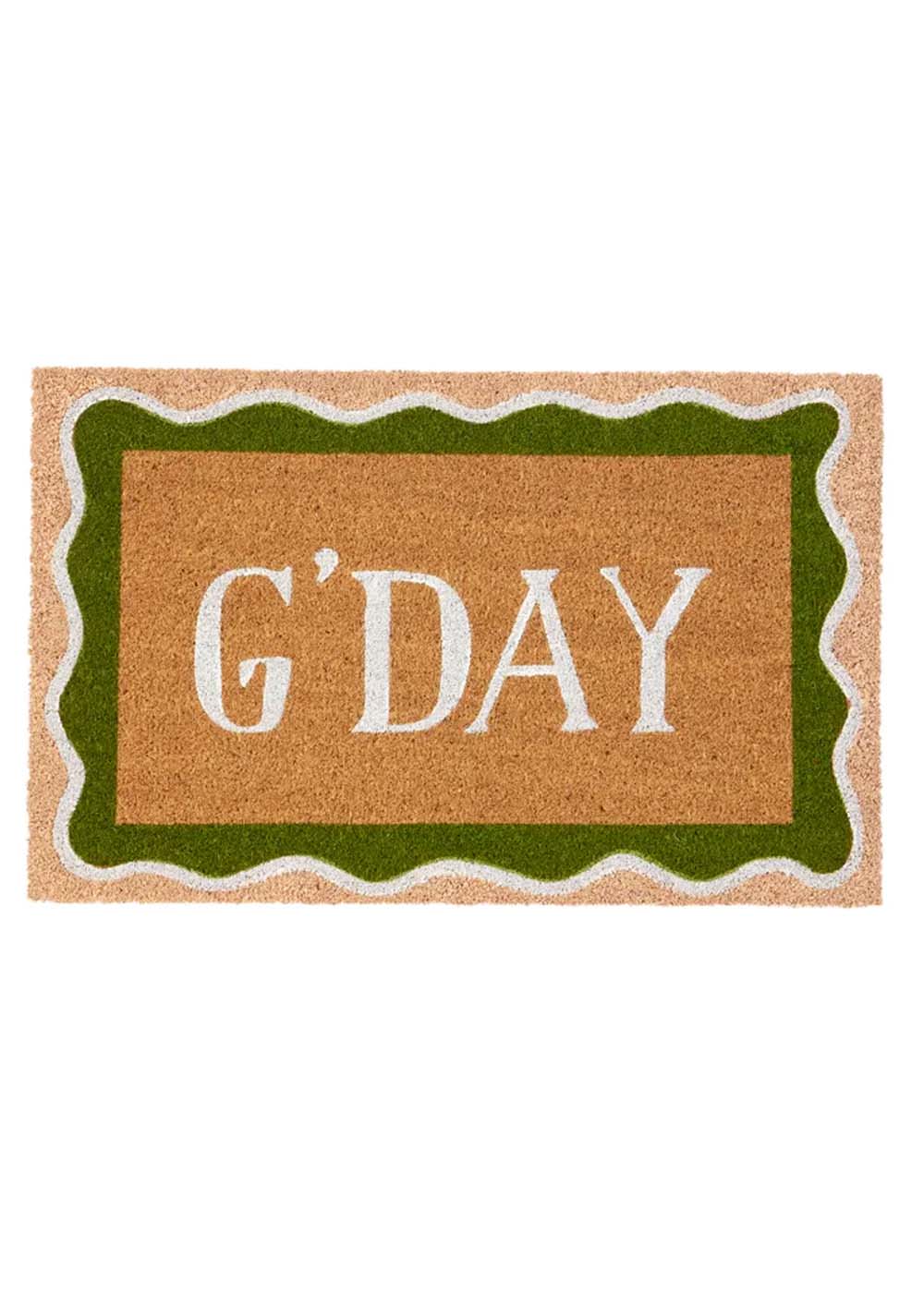 G'Day coir doormat with olive green wavy border and white lettering
