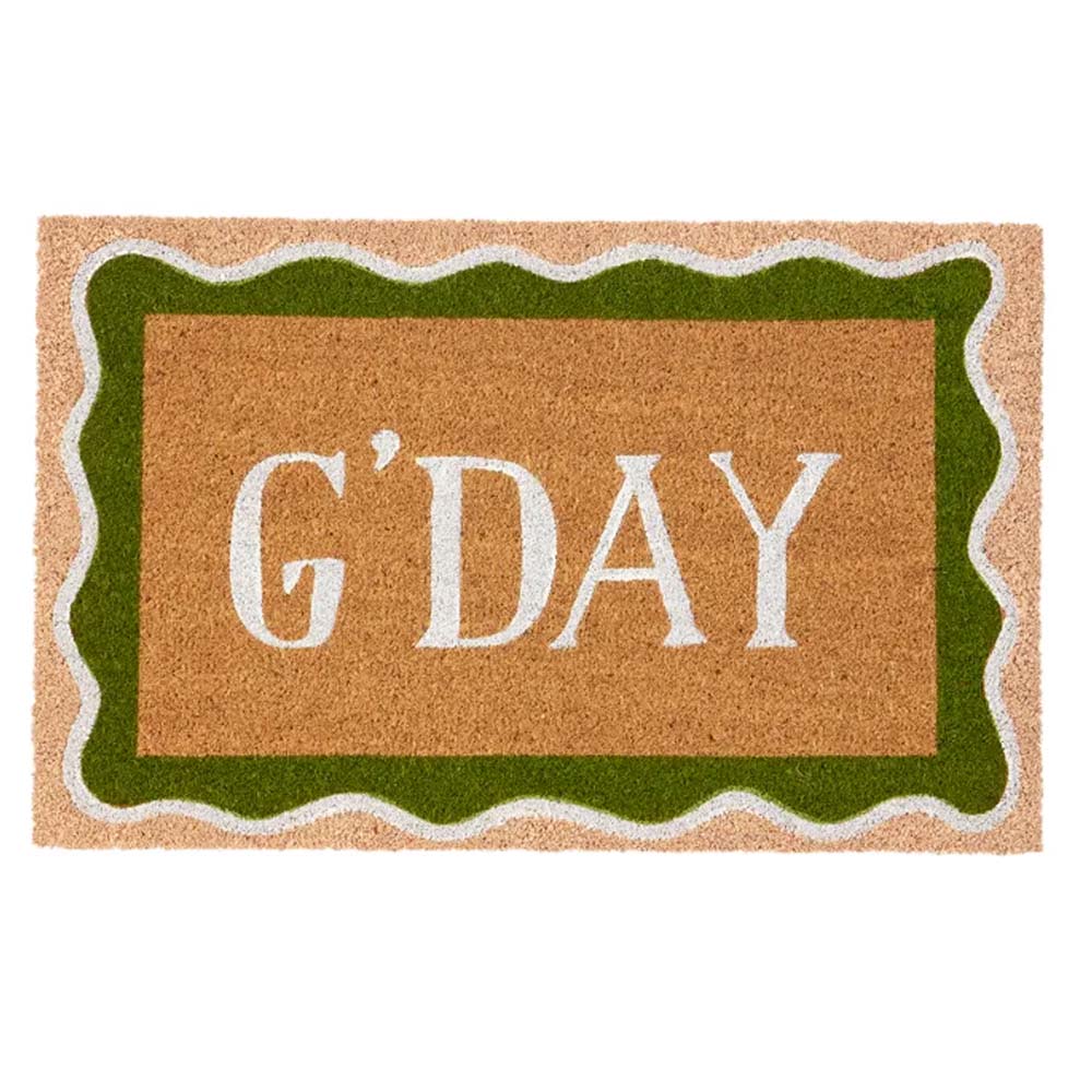 G'Day coir doormat with olive green wavy border and white lettering