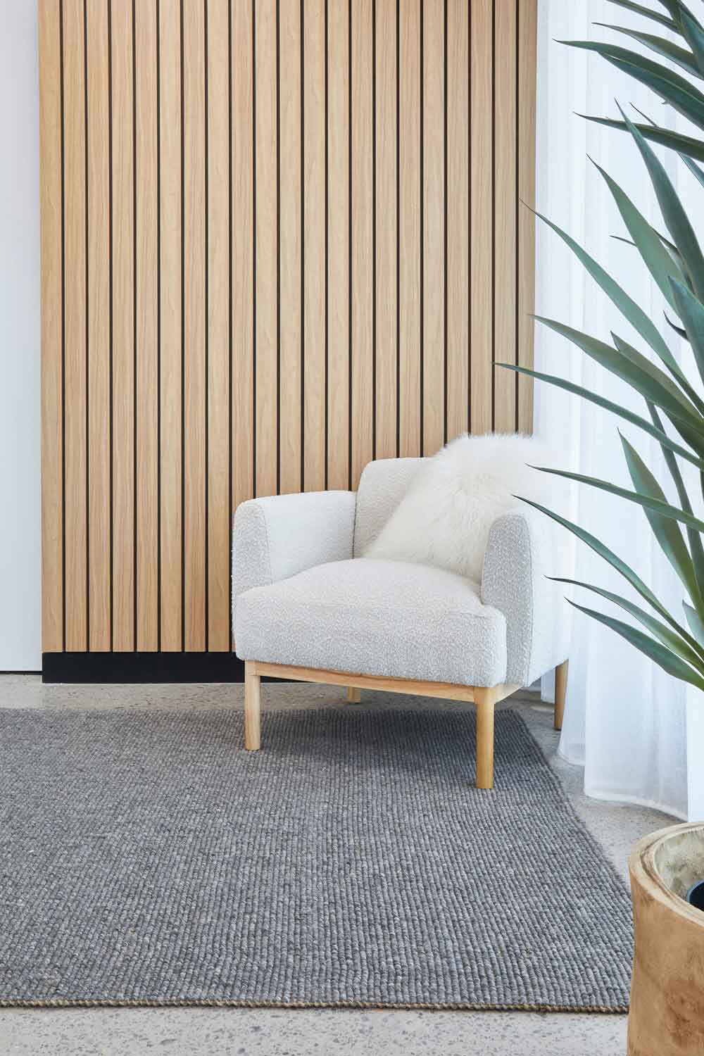 Harriet Flint textured wool and jute rug in soft grey tone available at Rugs N Timber Belrose showroom