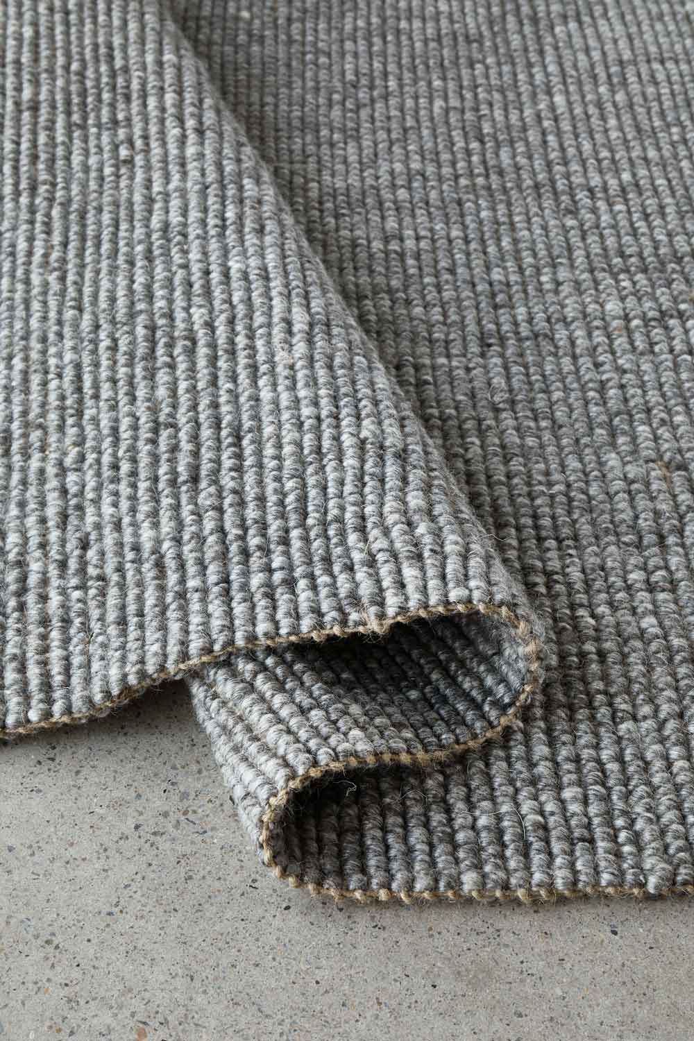 Harriet Flint textured wool and jute rug in soft grey tone available at Rugs N Timber Belrose showroom