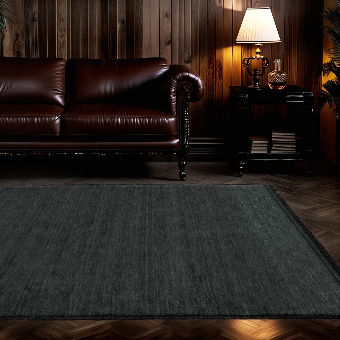 Havana Domino hand knotted wool blend rug in deep charcoal tones at Rugs N Timber Belrose