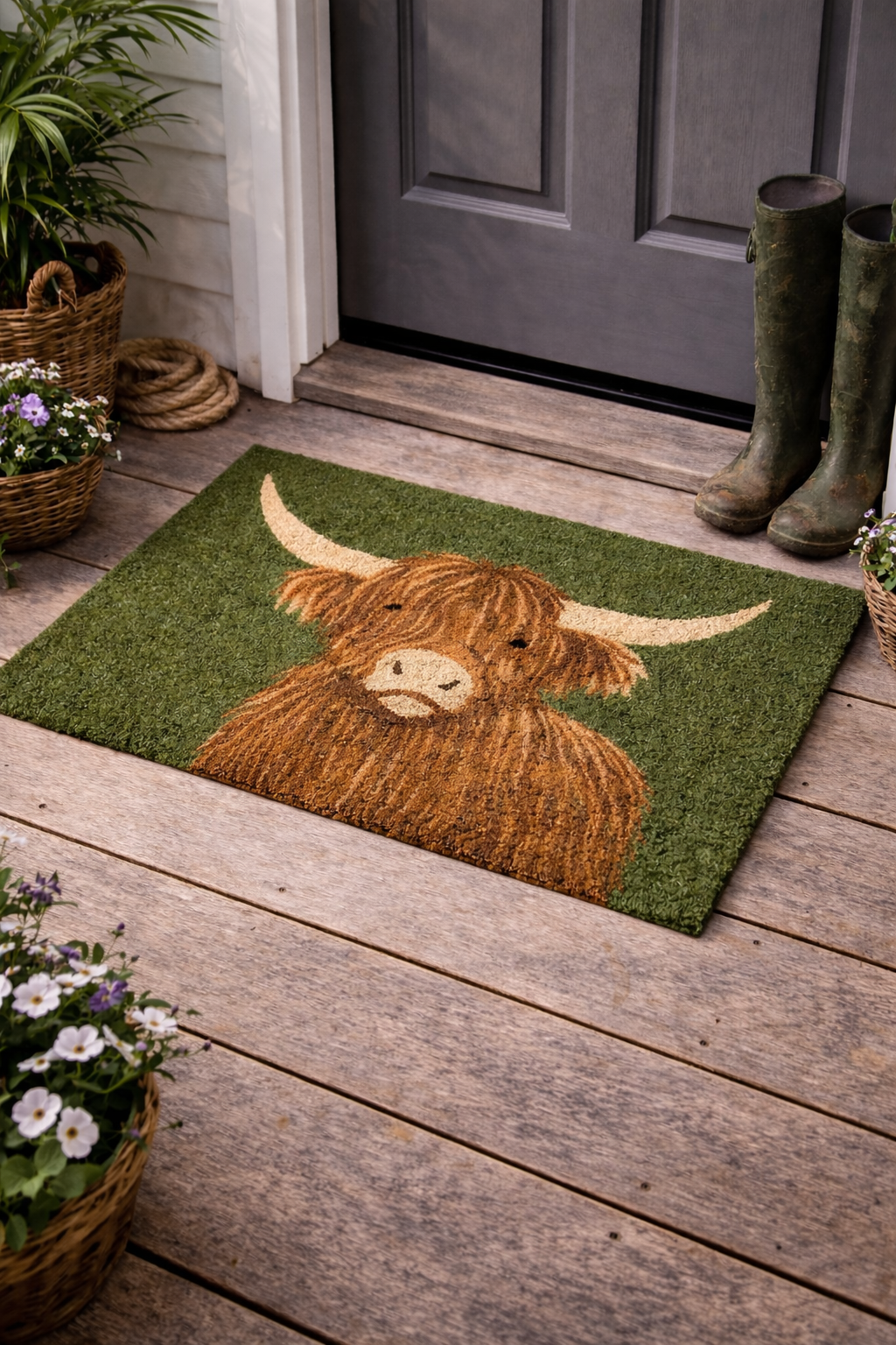 Highland cow design natural coir doormat with green background. Available at Rugs N Timber Belrose