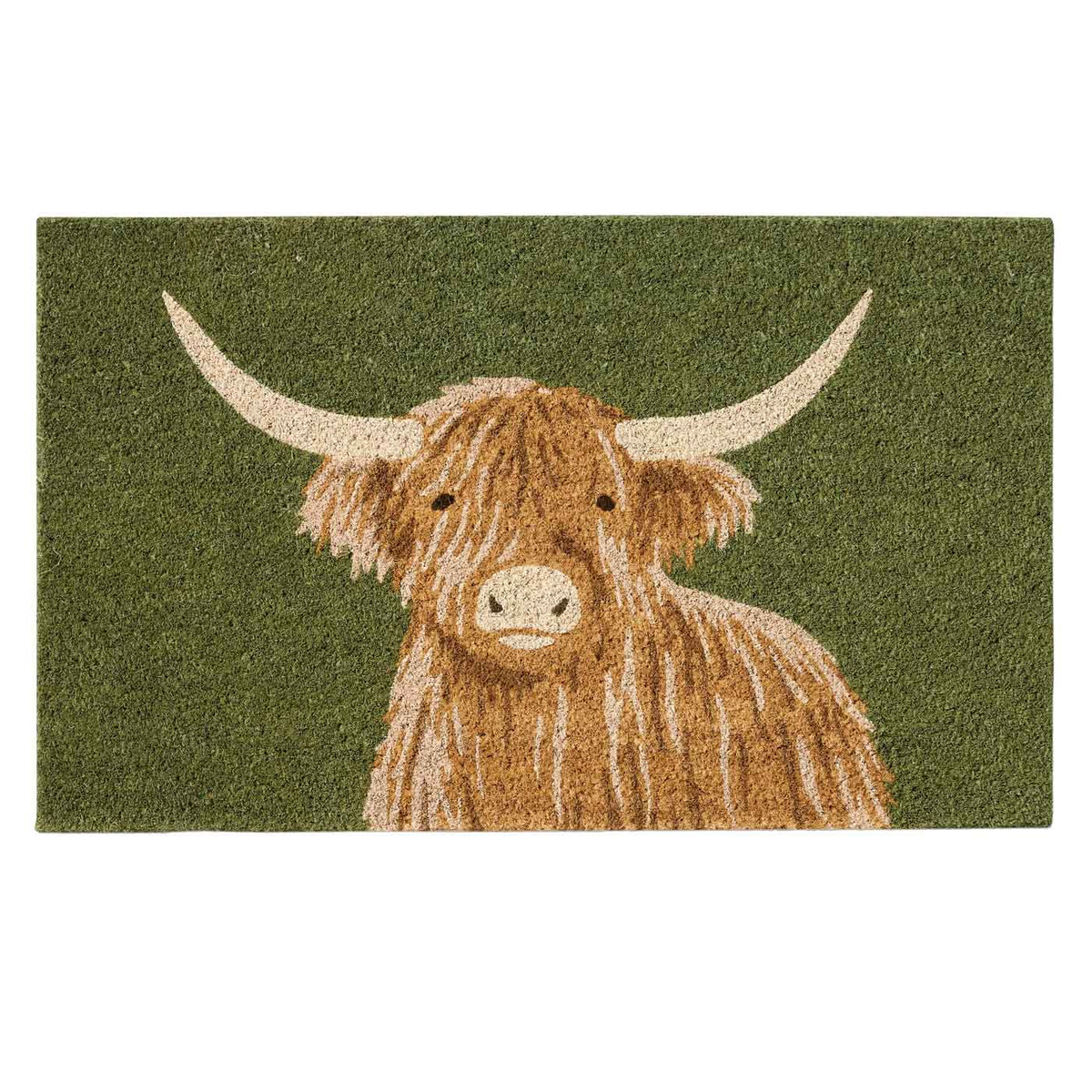 Highland cow design natural coir doormat with green background. Available at Rugs N Timber Belrose