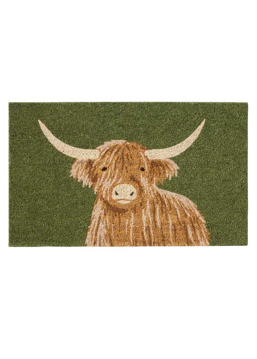 Highland cow design natural coir doormat with green background. Available at Rugs N Timber Belrose