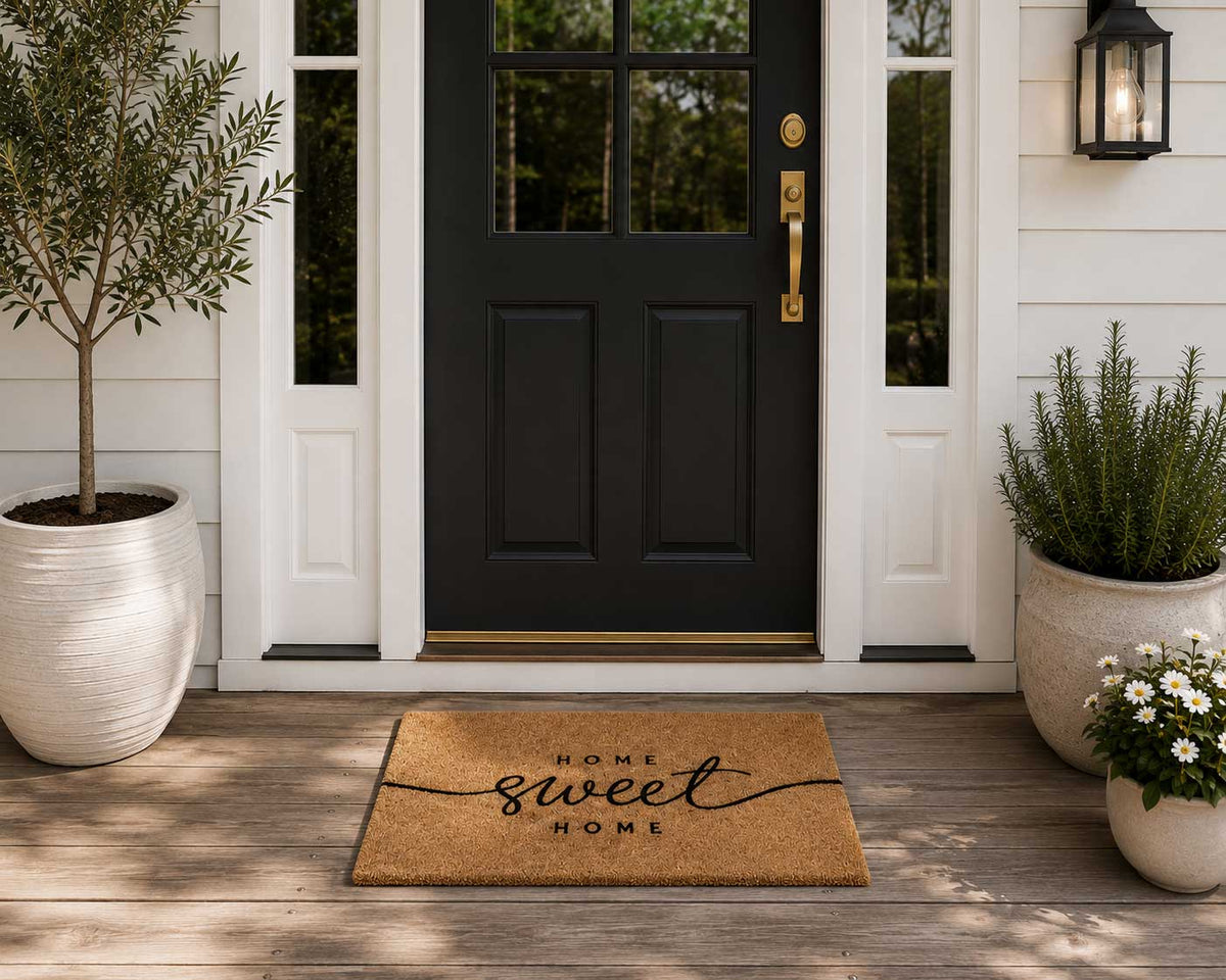 Home Sweet Home natural coir doormat with black script design