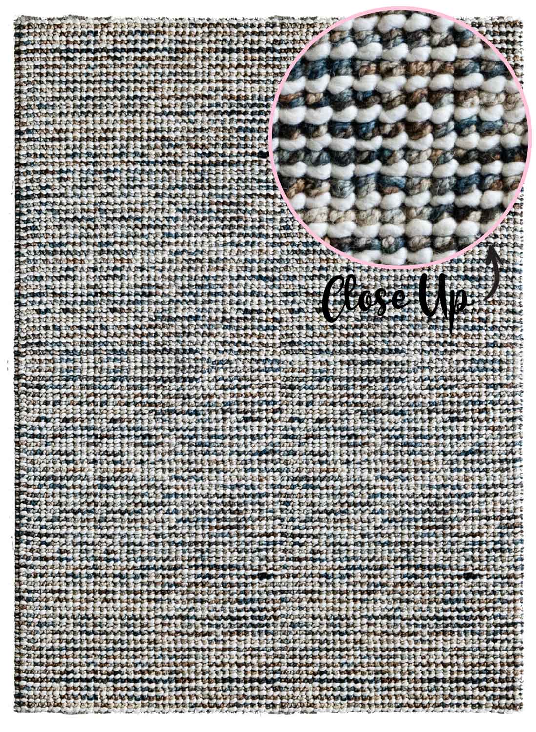Jeffrey Peacock hand woven wool rug with textured loop pile in rich blue beige tones. Available in Belrose