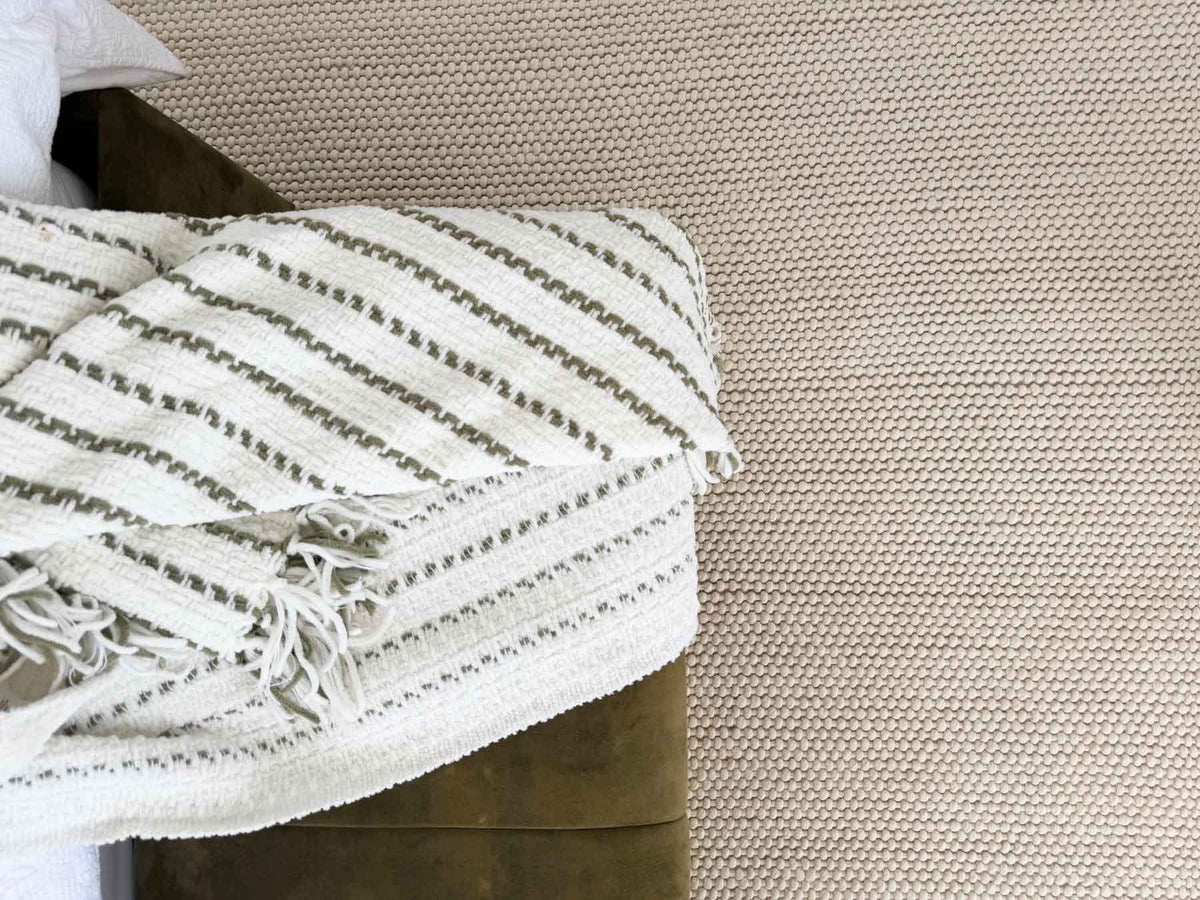 Langley Chalk hand loomed wool blend rug with soft textured weave available at Rugs N Timber Belrose showroom