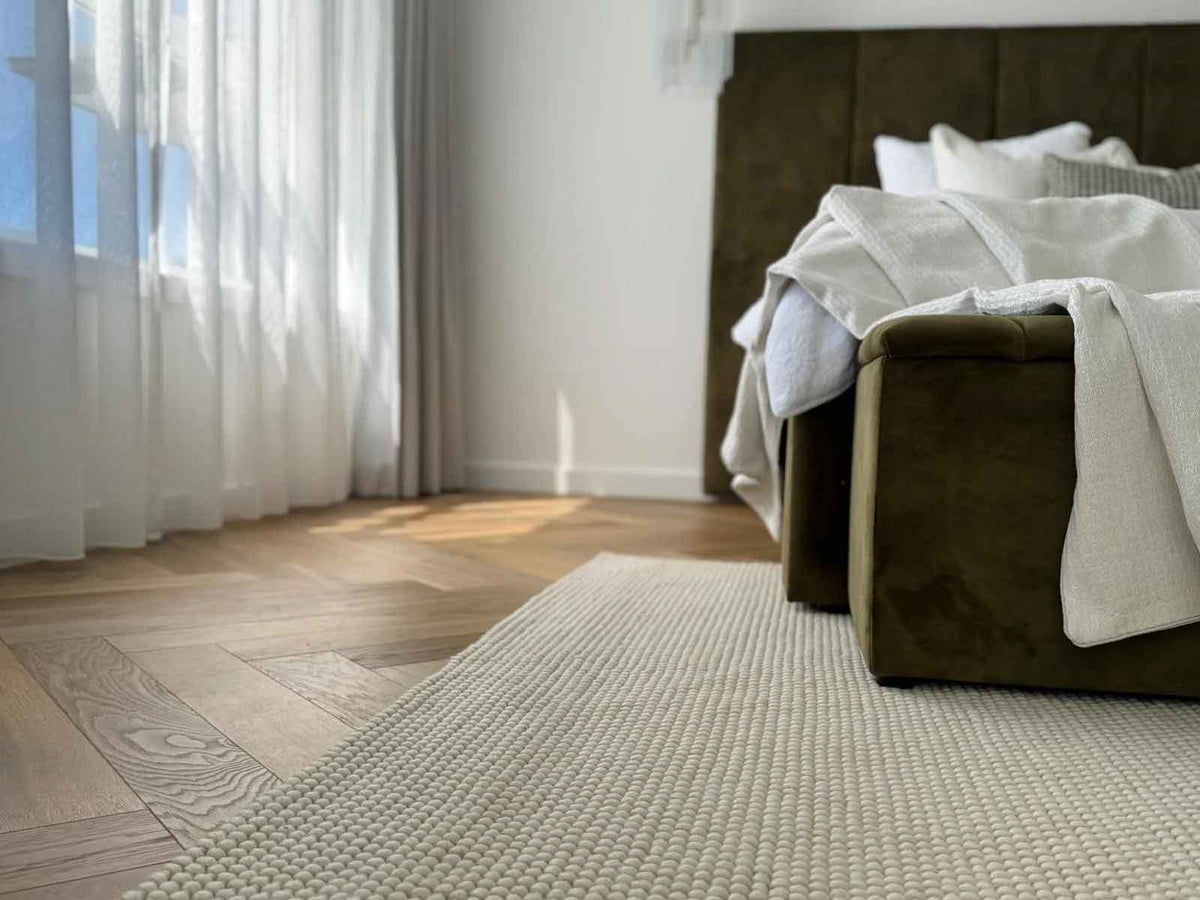 Langley Chalk hand loomed wool blend rug with soft textured weave available at Rugs N Timber Belrose showroom