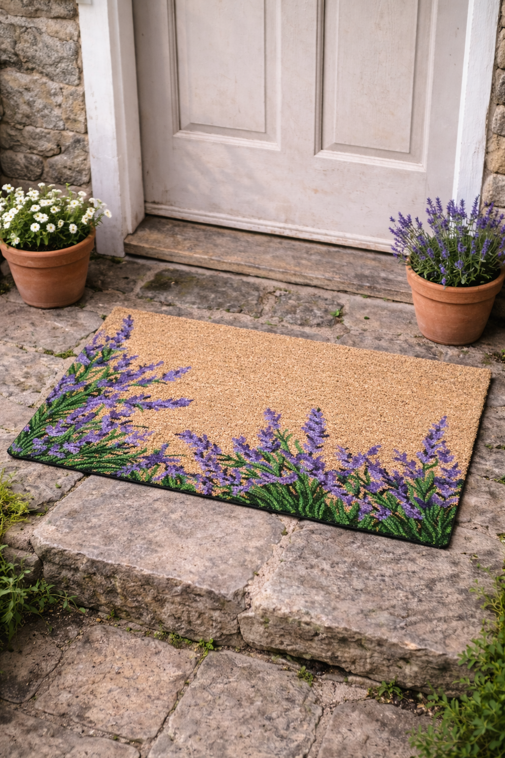 Lavender floral botanical natural coir doormat with PVC backing. Available at Rugs N Timber Belrose