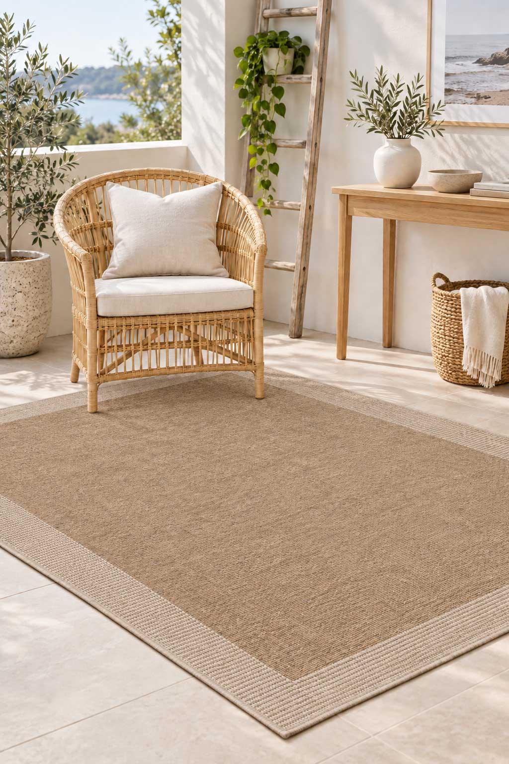 Linden Border Natural indoor outdoor rug with a neutral centre and contrasting framed edge. Available at Rugs N Timber Belrose