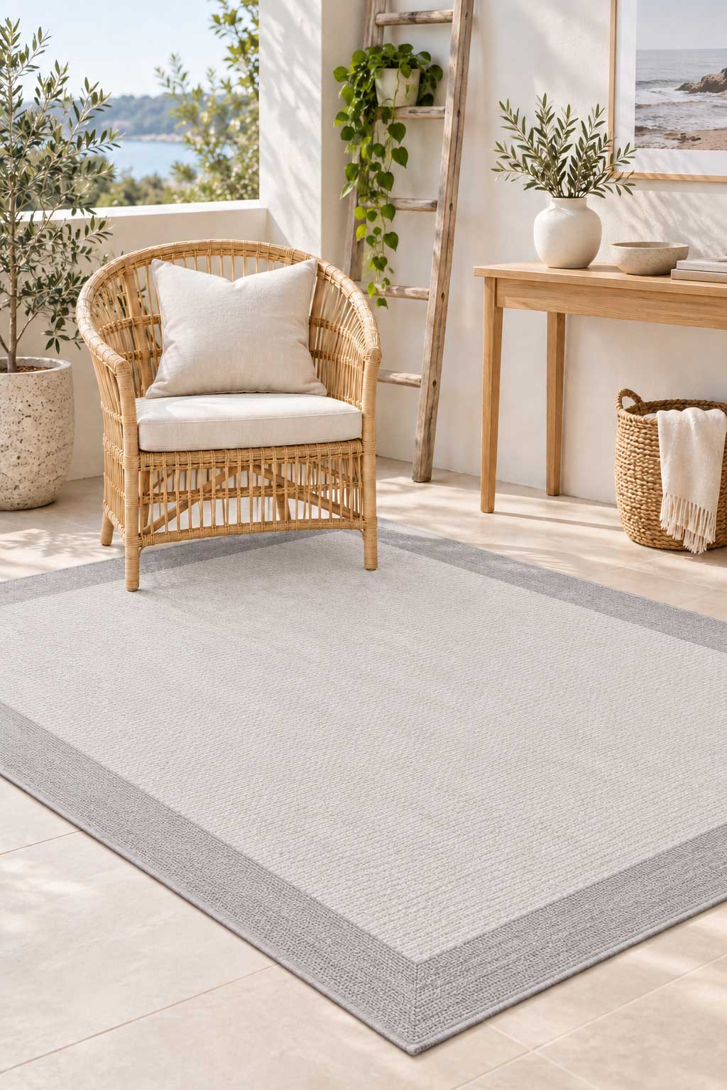 Linden Border Silver indoor outdoor rug with a light centre and soft grey framed edge. Available at Rugs N Timber Belrose