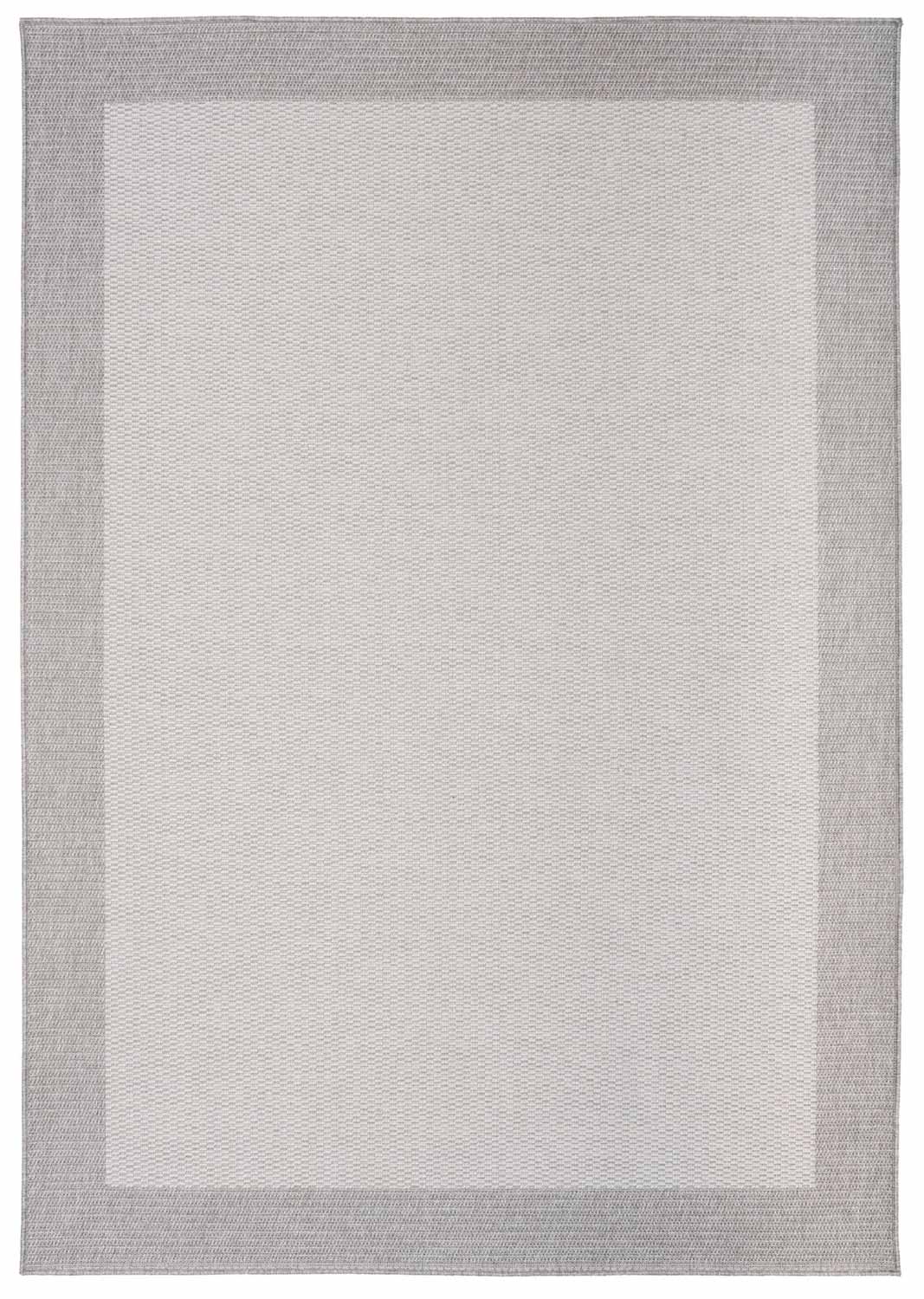 Linden Border Silver indoor outdoor rug with a light centre and soft grey framed edge. Available at Rugs N Timber Belrose