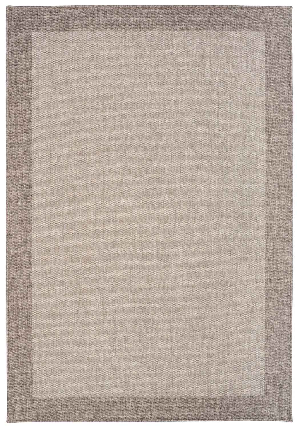 Linden Border Stone indoor outdoor rug with a neutral centre and warm taupe-grey border.  Available at Rugs N Timber Belrose