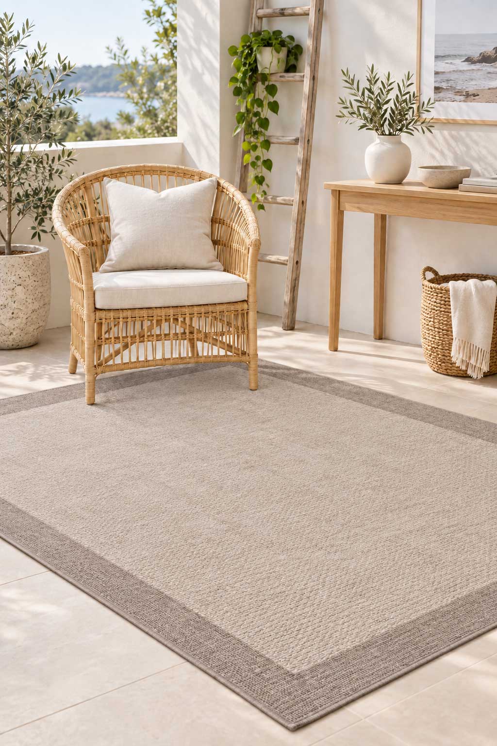 Linden Border Stone indoor outdoor rug with a neutral centre and warm taupe-grey border.  Available at Rugs N Timber Belrose