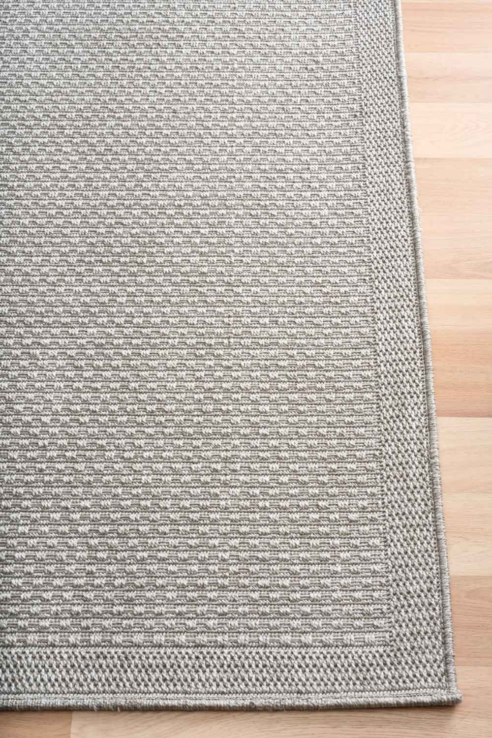 Linden Weave Silver indoor outdoor rug with a finely textured grey woven pattern. Available at Rugs N Timber Belrose