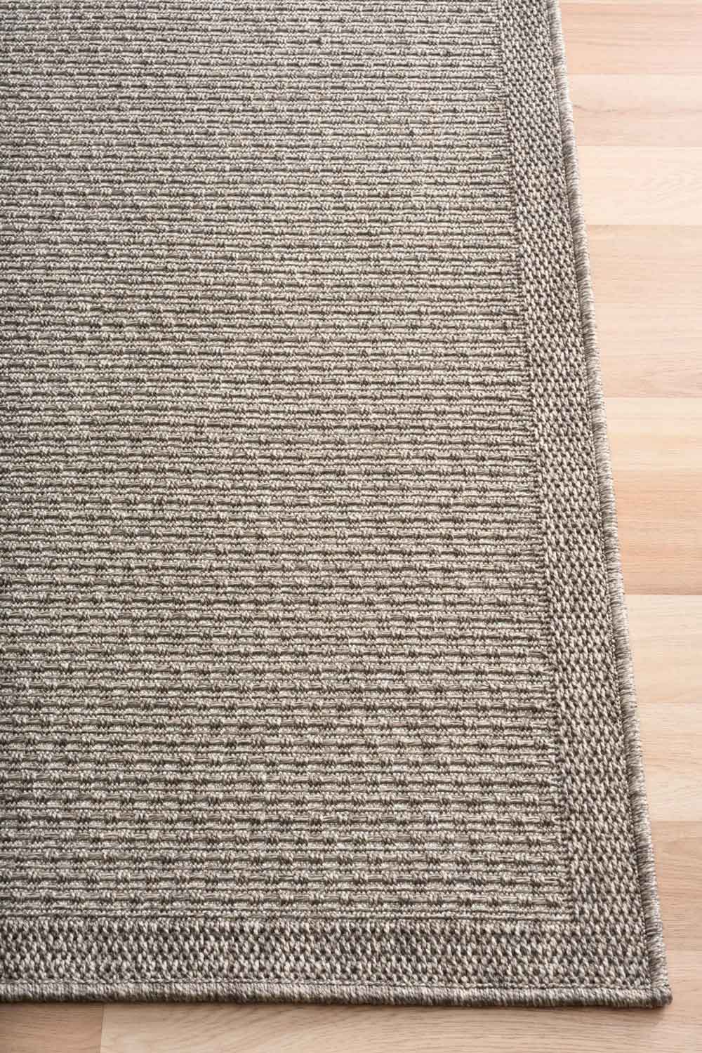 Linden Weave Stone indoor outdoor rug with a subtle warm taupe-grey woven pattern.  Available at Rugs N Timber Belrose
