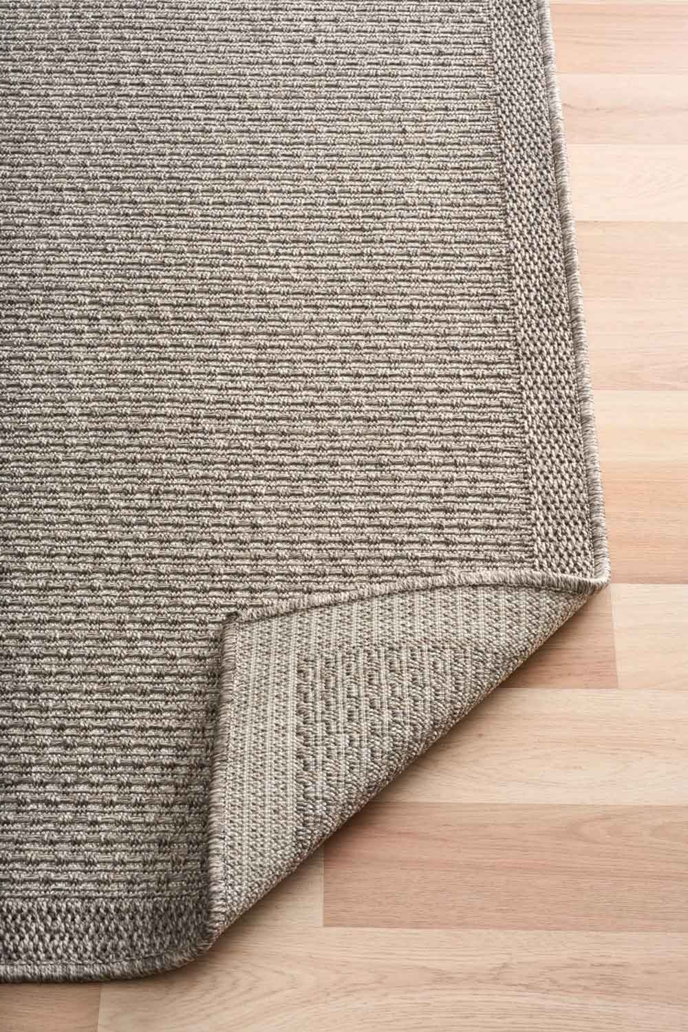 Linden Weave Stone indoor outdoor rug with a subtle warm taupe-grey woven pattern.  Available at Rugs N Timber Belrose
